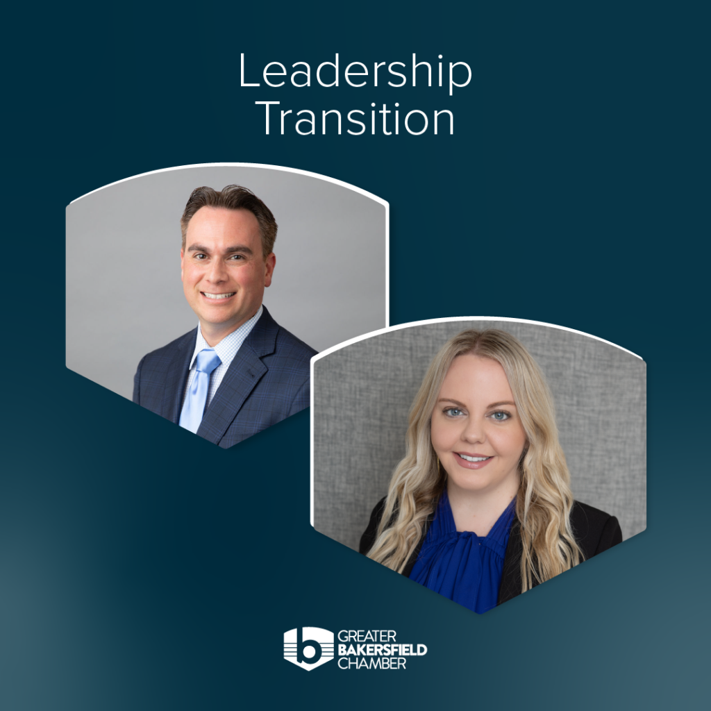 Headline text that says, "Leadership Transition" above photos of Nick Ortiz and Hillary Haenes. The Chamber's logo is at the bottom.